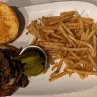 Shroom & Gruyere · Double 4 ounce grassfed burger, sautéed mushrooms, caramelized onions, truffle oil, Gruyere ...