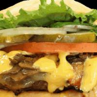 Aiea Burger · Crispy Bacon, Mushrooms, and Swiss Cheese!