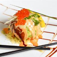 Dinosaur Egg · Spicy crab meat with crunch wrapped in avocado and served with chef's special sauce.