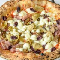 Capricciosa · Mozzarella, Ham, Mushrooms, Artichokes, Black Olives, Tomato Sauce