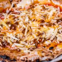 Pizza Bolognese · Shaved Parmigiano Reggiano, Mozzarella, Beef Bolognese Ragu, Tomato Sauce
