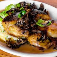Pollo Arrosto · Boneless Half Chicken, Truffle Sauce, Roasted Mushrooms, Mashed Potatoes, Brussel Sprouts