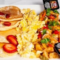 Pancake · ( platter served with eggs, home fries, syrup, and condiments).