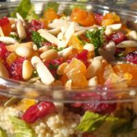 Harvest Quinoa Salad · Mixed greens, quinoa, red onion, dried cranberries, dried apricot, pumpkin seeds, sunflower ...