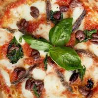 Acciughe E Olive Nere · San marzano tomato, mozzarella, anchovy, gaeta olive, extra virgin olive oil, and basil.
