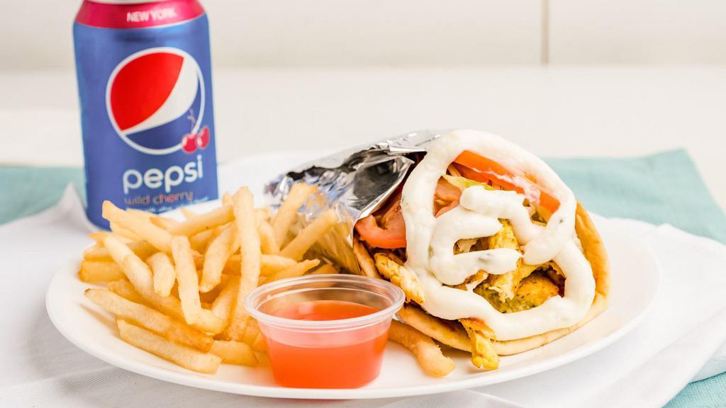 Chicken Gyro Combo · With French fries and soda.