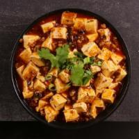 Mapo Tofu · Spicy. Tofu, ground pork, chili pepper, scallion.