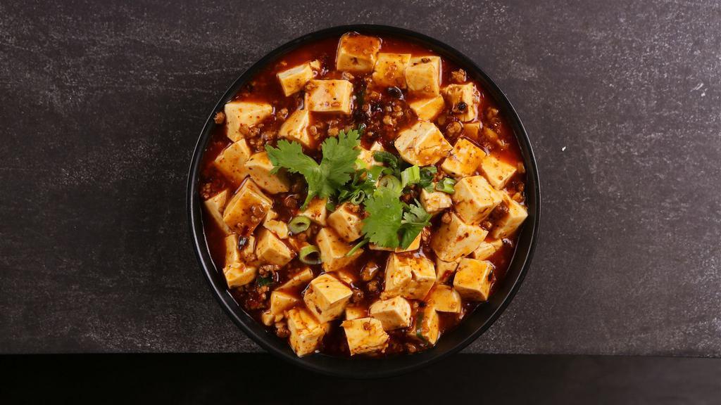 Mapo Tofu · Spicy. Tofu, ground pork, chili pepper, scallion.