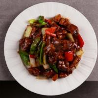 Zouji Ribs With Braised In Brown Sauce · Spare ribs, peppers, onions.