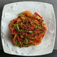 Zouji Salt & Paper Shrimp · Spicy. Fried jumbo shrimp  ( NOT SHELLED )with green and red pepper.