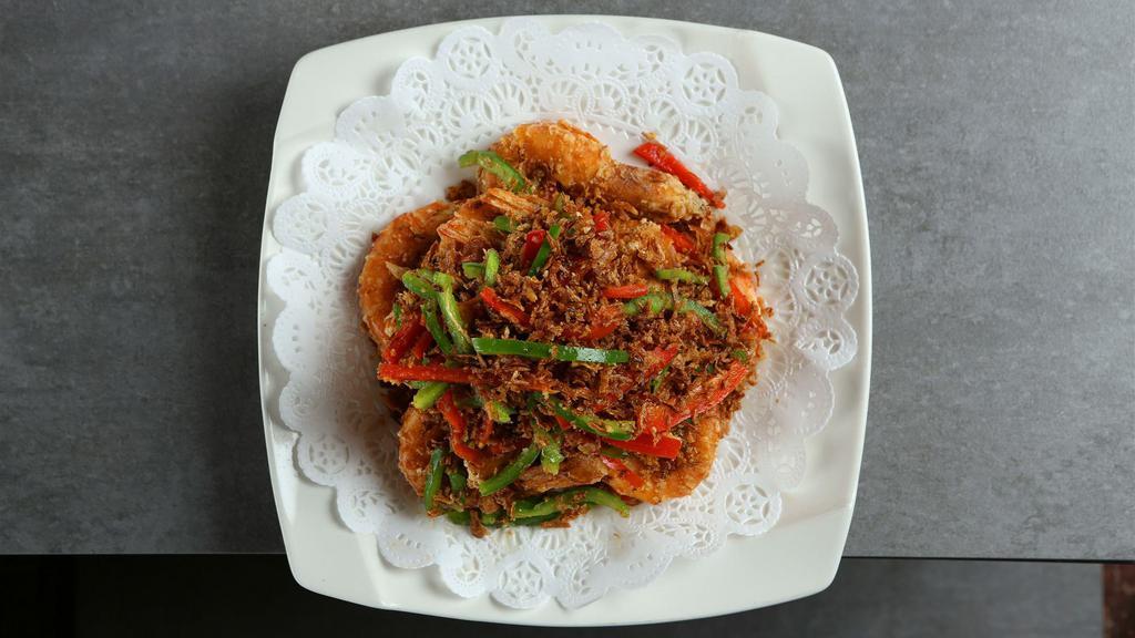 Zouji Salt & Paper Shrimp · Spicy. Fried jumbo shrimp  ( NOT SHELLED )with green and red pepper.