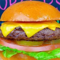 American Cheeseburger · 6 oz Angus beef patty, brioche burger bun, two slices of American cheese, lettuce, tomato, o...
