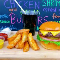 American Cheeseburger, Fries & Soda · American cheeseburger combo comes with French fries and can soda.