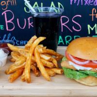 Fried Chicken Burger, Fries & Can Soda · Fried chicken burger comes with fries and can soda.