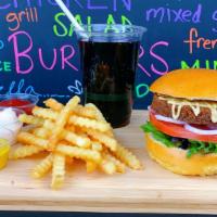 Falafel Burger, Fries & Can Soda · Falafel burger combo comes with French fries and can soda.