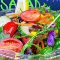 Mix Green Salad · olive oil, salt spring mix salad with tomatoes, cucumber, carrots, onion, fresh lemon