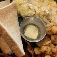 Egg Platter · 2 eggs (anyway), aged white cheddar, pork or turkey bacon, home fries, buttered toast.