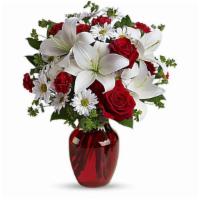 Be My Love Bouquet With Red Roses · Red roses and carnations are exquisitely arranged with white asiatic lilies and chrysanthemu...