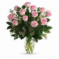 Dozen Light Pink Roses · Say it sweeter with this feminine bouquet of a dozen ballet pink roses and lush greens in a ...