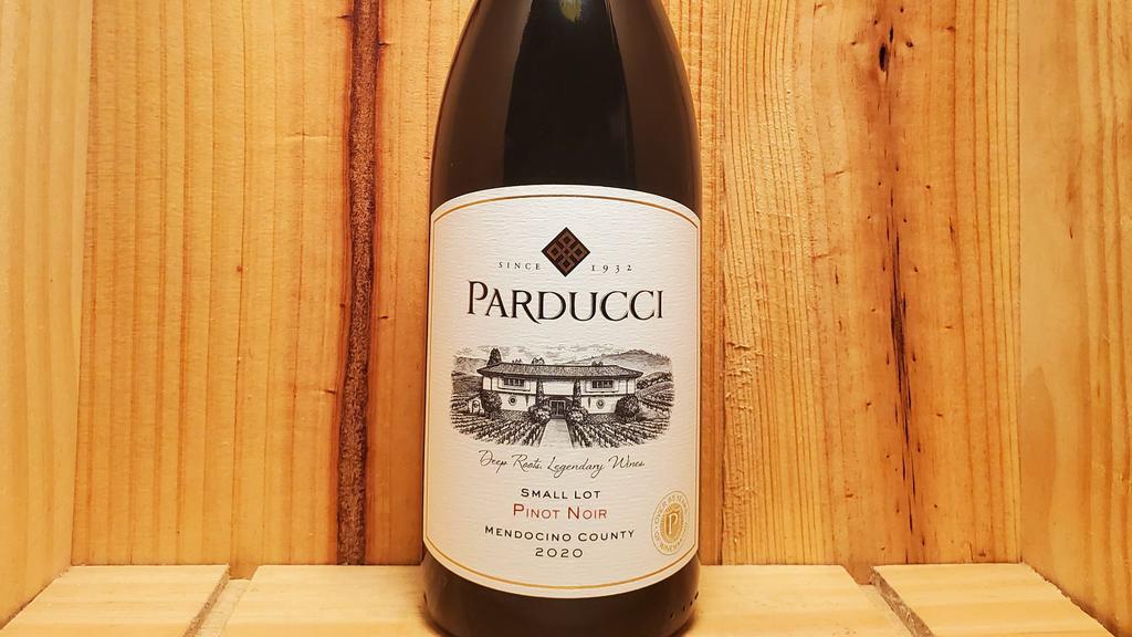 Parducci Small Lot Pinot Noir 2020 - California, Usa 750Ml · Mouth-filling and complex, this balanced wine packs a lot of flavor into a big but soft frame. Raspberry, cherry and subtle earthy notes provide plenty to appreciate while restrained tannins and bright acidity keep the structure gentle. Hints of toasty vanilla from French oak lead to a lush finish.