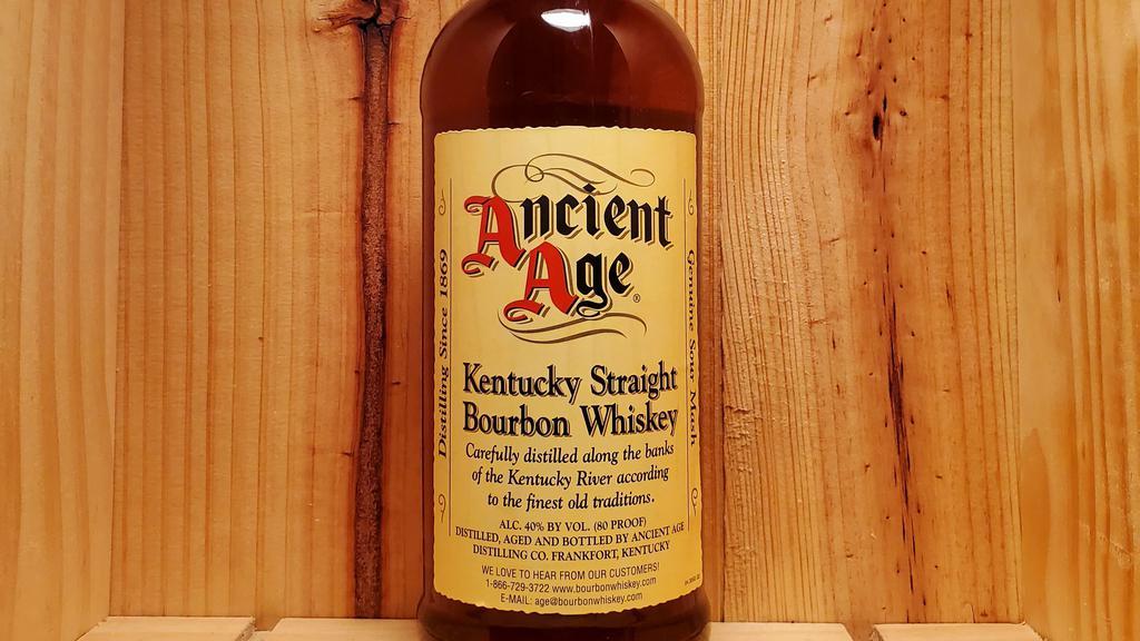 Ancient Age Bourbon | 1L · Medium-bodied with a refreshing blend of tartness and brisk spice. Features aromas of corn, caramel, toffee, and vanilla. Follows through with many of the same but with a hint of spice and a lingering finish hinting of toffee and citrus.