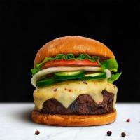 Jalapeno Jeopardy Burger · American beef patty topped with melted cheese, jalapenos, lettuce, tomato, onion, and pickle...