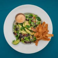 Tex Mex Peace · Mixed greens, Pico de Gallo, black beans, corn, crispy tortilla, cilantro, diced avocado, Ch...