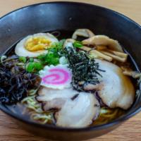 Shoyu Ramen · Wavy noodles in our special shoyu broth topped with braised pork belly, scallions, bamboo sh...