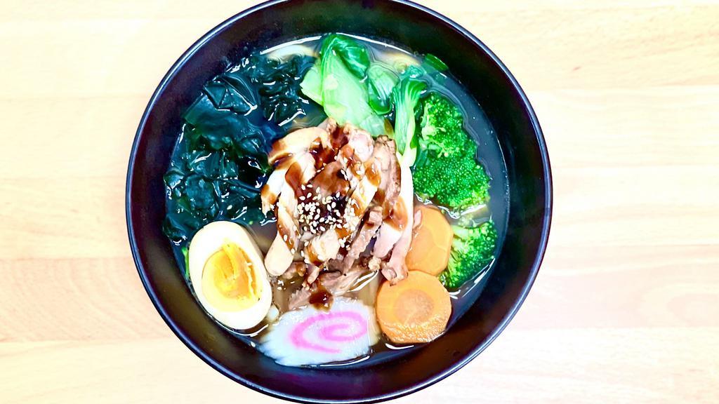 Chicken Teriyaki Udon Soup · Thick Flour noodle with veggie, seaweed, half egg in soy chicken broth and chicken teriyaki.
