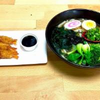 Shrimp Tempura Udon Soup · Thick Flour noodle with veggie, seaweed, half egg in soy chicken broth and 4 pcs of shrimp t...