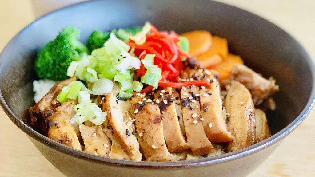 Chicken Teriyaki Rice Bowl · Chicken teriyaki with veggie, red ginger, scallion, nori on top of white rice.