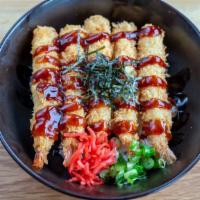 Shrimp Tempura Rice Bowl · Five pieces of shrimp tempura, ginger, scallion, nori and sweet soy sauce over white rice.