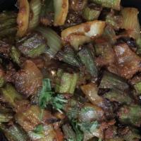 Bhindi Masala · Vegetarian, vegan. Fresh okra sautéed with tomatoes, onions, ginger, and cilantro.