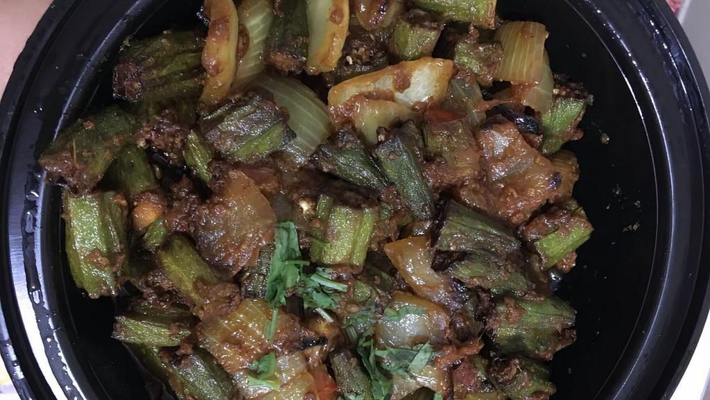 Bhindi Masala · Vegetarian, vegan. Fresh okra sautéed with tomatoes, onions, ginger, and cilantro.