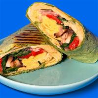 Super Breakfast Wrap · Egg, Swiss Cheese, Cremini Mushroom, Roasted Peppers, Onion, Spinach, Hummus on a Wrap