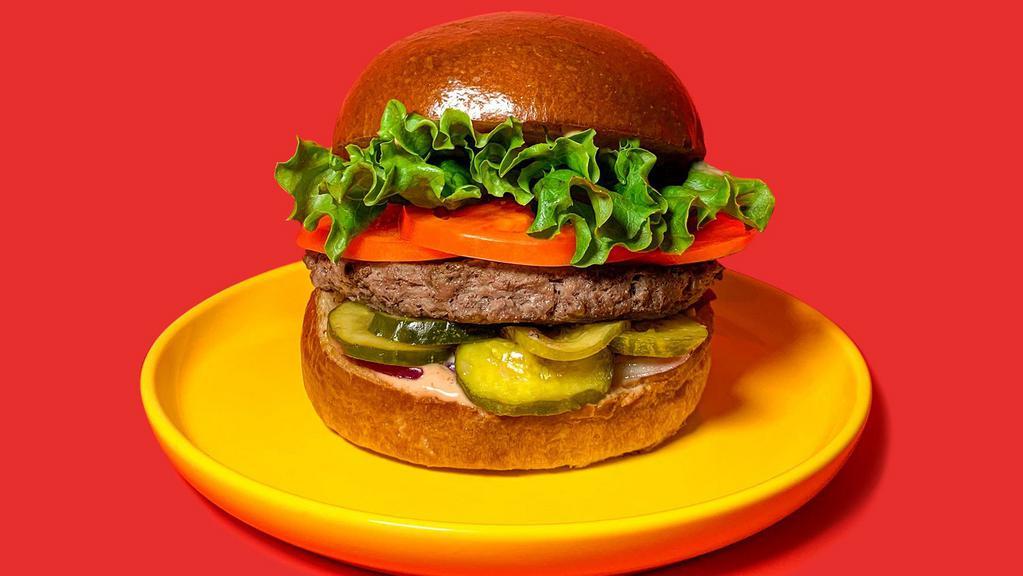 Impossible Burger · Brioche.
Plant-based patty, lettuce, tomato, red onion, b&b pickle, mayochup.