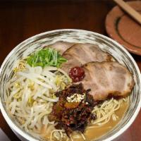 Spicy Tonkotsu · Mild. 18 hour pork broth with garlic shoyu, thin or thick noodle, pork chashu, scallion, mus...