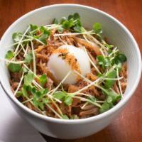 Beef Gyu Don · Marinated beef, poached egg, multigrain rice, daikon cress, roasted seaweed, seven spices.