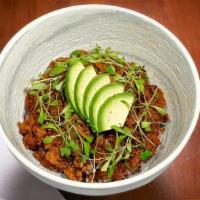 Vegan Soy-Boro Don · Vegan. Avocado, soybean, multigrain rice, cilantro, roasted seaweed, sesame.