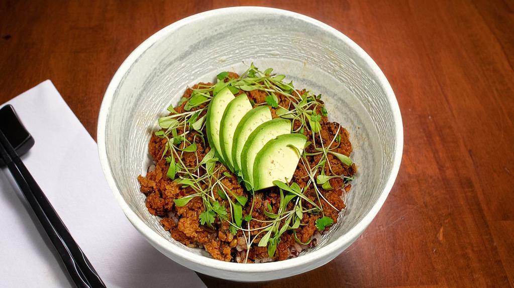 Vegan Soy-Boro Don · Vegan. Avocado, soybean, multigrain rice, cilantro, roasted seaweed, sesame.