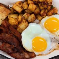 Egg Platter · 2 eggs any style served with house-made homefries & choice of toast. Add meat or extra eggs ...