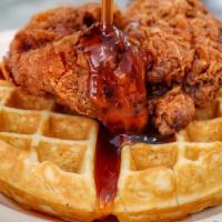 Chicken & Waffles · Grub favorite! Fresh house-made waffle topped with a tender, buttermilk fried chicken thigh ...