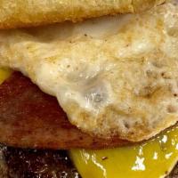 Grubby Moon Burger · Taylor ham, American cheese, & an egg