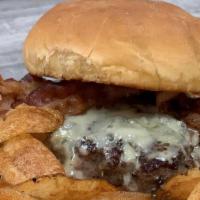 Grubby Bacon Bleu Burger · Crispy bacon and crumbled bleu cheese.