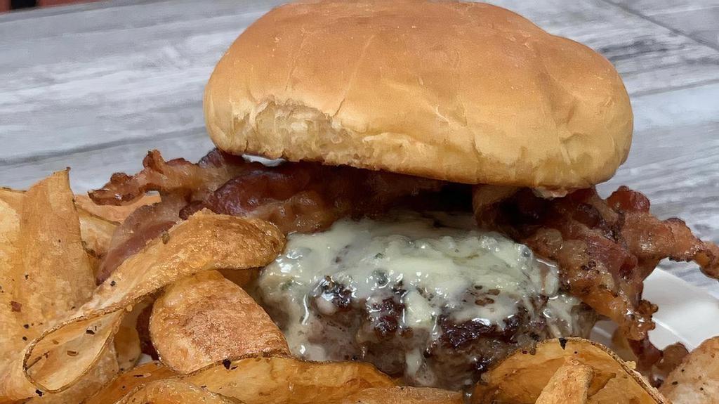 Grubby Bacon Bleu Burger · Crispy bacon and crumbled bleu cheese.