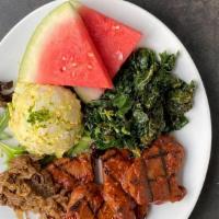 Bbq Seitan Cookout · 5 spice bbq seitan, eggy potato salad, sautéed kale, caramelized shallots, watermelon slices