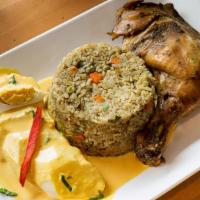 Arroz Con Pollo Y Huancaina · Peruvian style chicken and rice made in a CILANTRO SAUCE served  with huancaina.