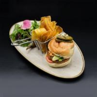 Impossible Burger (Vegan) · plant based burger patty, chimichurri avocado sauce, plum tomato, romaine lettuce and plant ...