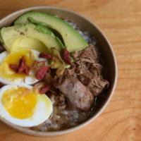 Wake Me  Up (W. Chicken) · soft egg, smoked cheese, braised chicken, avocado over a bed of creamy rice porridge.