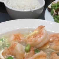 Shrimp With Lobster Sauce · Served with white rice.